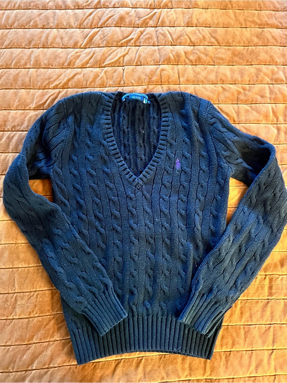Ralph Lauren Women’s Navy Cable-Knit V-Neck Sweater with Purple Polo Pony Y2K